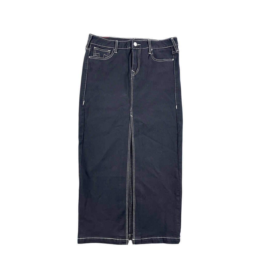 True Religion Black Denim Maxi Skirt White Contrast Stitch Horseshoe Size 29